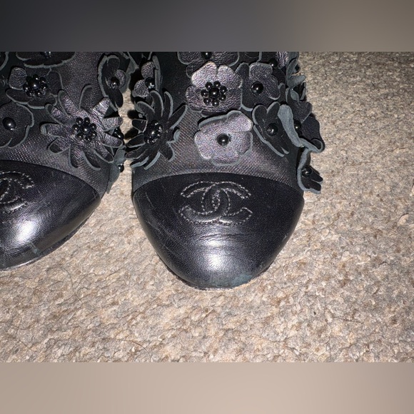 CHANEL Flower Sheer Black Leather flats/slippers/mules CC Logo - Picture 4 of 12